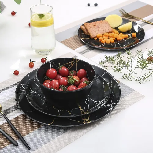Miniatura 6 de Juego de vajilla de melamina – 12 piezas de platos y cuencos, ideal para fiestas en interiores y exteriores, sin BPA, apto para lavavajillas