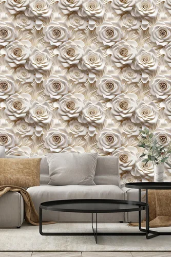 Miniatura 10 de Papel tapiz floral 3D para despegar y pegar, efecto visual 3D, 17.7"x78.7" pulgadas, autoadhesivo, extraíble, flor marrón amarillento, papel tapiz