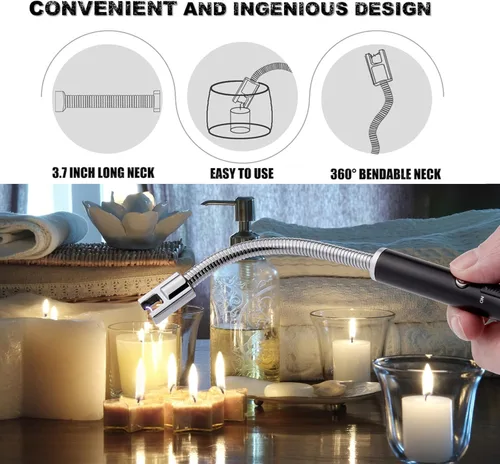 Miniatura 2 de TOMOLO Encendedor eléctrico, 2 unidades, encendedor de velas largo y flexible con interruptor de seguridad, encendedor de plasma sin llama Negro