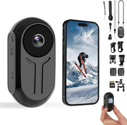 Cámara corporal 2K, cámara de acción con pulgar POV con tarjeta de 32 GB, múltiples accesorios y aplicación para deportes, esquí, viajes