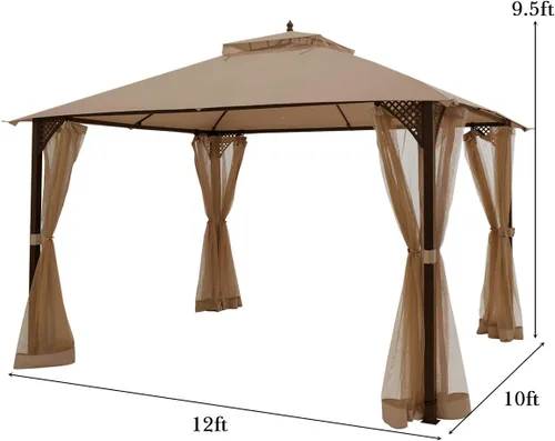 Miniatura 5 de Tangkula Cenador de patio de 10 x 12 pies con red, cenador para exteriores con techo doble ventilado, paredes laterales de malla, gancho superior
