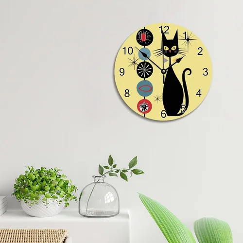 Miniatura 2 de ArogGeld Reloj de pared de gato genial, reloj de madera moderno de mediados de siglo, 10 silencioso, sin tictac, de cuarzo, funciona