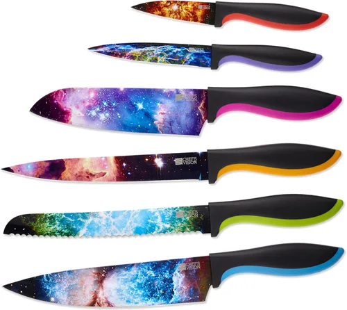 CHEF'S VISION - Juego de cuchillos Cosmos - Juego de 6 piezas de cuchillos de corte de acero inoxidable para cocina con diseño vibrante de Cosmos -