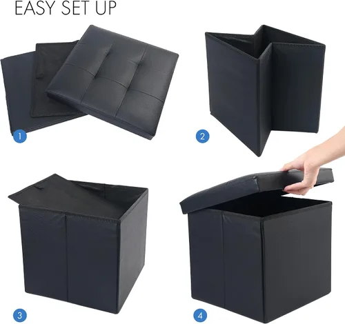Miniatura 6 de LotFancy Otomana de almacenamiento, taburete plegable para reposapiés, banco pequeño de cuero de 13 x 12 x 12 pulgadas con almacenamiento, soporta