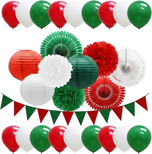 Juego de 28 decoraciones de fiesta de color rojo, verde y blanco, decoración de fiesta temática italiana con abanicos de papel, linternas, pompones,