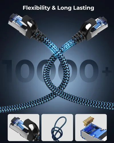 Miniatura 4 de Cable Ethernet Cat8 de 3 pies, paquete de 5 unidades, alta velocidad 40Gbps 2000MHz, trenzado, azul, compatible con enrutador, módem, laptop, PC