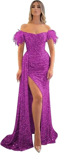 Miniatura 26 de Vestidos de fiesta de lentejuelas con hombros descubiertos, vestido formal de sirena brillante, vestido largo de fiesta de noche con abertura
