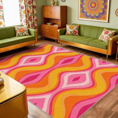 Miniatura 9 de Alfombra abstracta colorida de 2 x 3 pulgadas, lavable con rayas onduladas para entrada, dormitorio, cocina, alfombra retro de los años 70