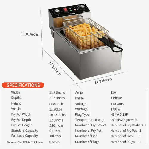 Miniatura 4 de Freidora eléctrica profunda de un solo tanque con canasta, capacidad 10L (10.5QT), freidoras eléctricas de encimera con temporizador de 60 minutos