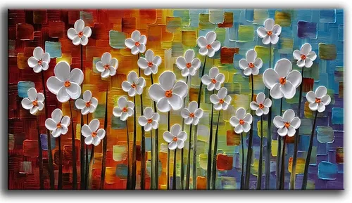 Miniatura 9 de YaSheng Art - Pintura al óleo de arte contemporánea hecha a mano de flores blancas en lienzo con textura 3D, pinturas de árbol abstractas