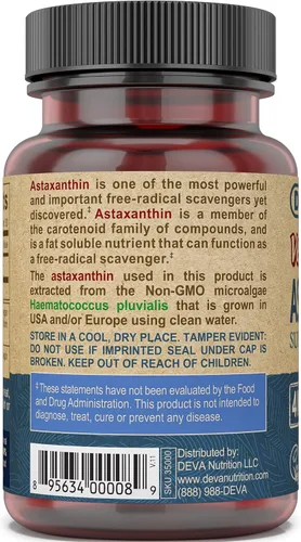 Miniatura 4 de DEVA Vitaminas nutricionales Astaxantina de 4 mg, veganas, protección súper antioxidante para la piel, los ojos, las articulaciones y la inflamación