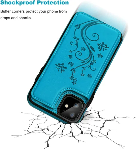 Miniatura 5 de Vaburs Funda compatible con iPhone 11 con tarjetero y diseño de mariposa en relieve, piel sintética de alta calidad, doble botones magnéticos, a Azul