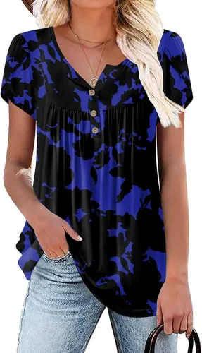 POPYOUNG - Camisetas Henley de verano para mujer, con botones, estilo casual, tipo túnica, manga corta