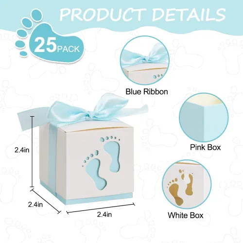 Miniatura 2 de BEISHIDA Cajas de regalo para baby shower, cajas de dulces con huellas azules con cintas para fiesta de revelación de género de bebés y niños
