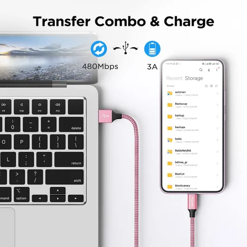 Miniatura 4 de Etguuds Cable rosa de 10 pies de carga rápida de USB-A a USB-C, 2 unidades, para Samsung S23, S22, S21, S20, S10, S10E, A10e, A11, A13, A03s, A52