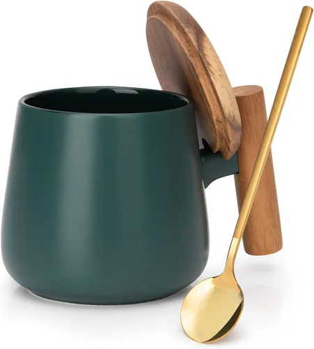 Taza de café de cerámica, taza de té para la oficina y el hogar, taza de café de 14 onzas con tapa y cuchara, día del padre, regalos de cumpleaños,