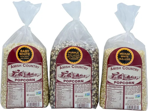 Amish Country Popcorn Paquetes variados | Bolsas de 3 a 2 libras | Blanco medio - Blanco bebé - Granos de palomitas de maíz morados | Anticuado, sin