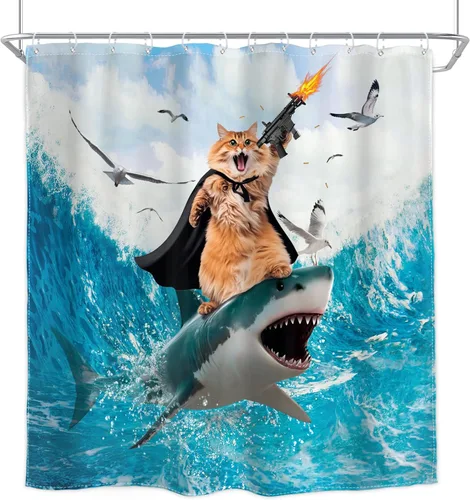 Miniatura 7 de Divertida cortina de ducha con diseño de gato de surf, tiburón, divertida, náutico, océano, océano, mar, ondas, animales, novedad, 72 pulgadas