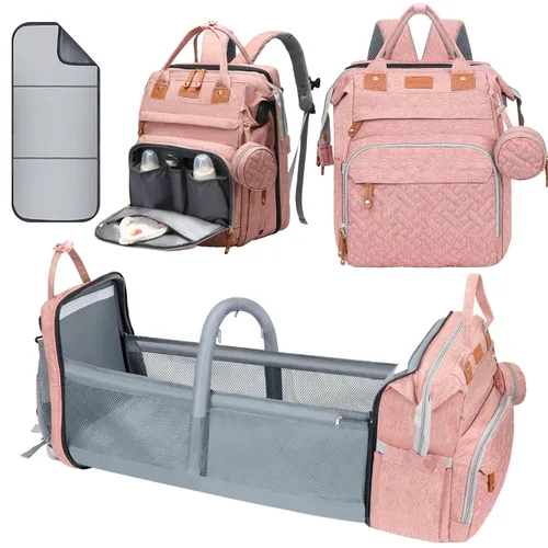 Bolsa de pañales, artículos esenciales para bebés, mochila multifuncional de gran capacidad, el mejor regalo para recién nacidos con estación de Rosa