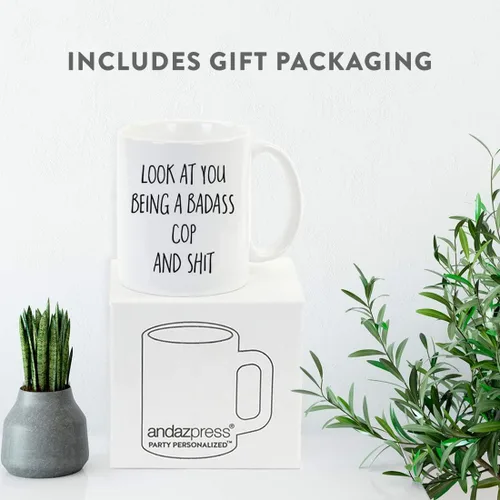 Miniatura 4 de Andaz Press Taza de café divertida de 11 onzas, regalo con texto en inglés "Look at You Being a Badass Cop and Shit", paquete de 1, incluye caja