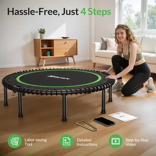 Miniatura 6 de BCAN 450/550LBS Mini Rebounder Trampoline for Adults, 40"/48" Foldable Fitness Trampoline with Bungees, Quiet & Stable Exercise Trampoline verde