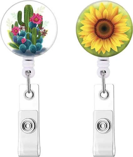 Portainsignia retráctil, lindo carrete con insignia para enfermera, tarjetero de identificación con clip, 2 unidades, cactus y girasol