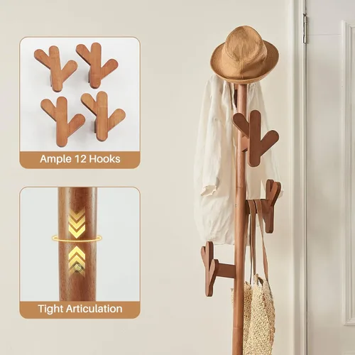 Miniatura 5 de Uniclinens Perchero de madera independiente – Perchero independiente resistente, perchero de madera con 6 ganchos, aspecto creativo de rama de árbol