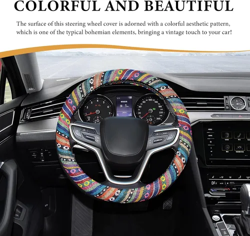 Miniatura 4 de Funda bohemia para volante, tela de lino grueso de 15 pulgadas, estilo étnico, antideslizante, protector universal transpirable para volante