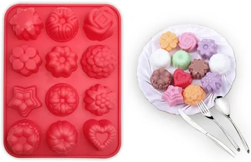 Miniatura 4 de Paquete de 3 moldes de silicona para hornear, antiadherentes de 12 cavidades, magdalenas, chocolate, gelatina, pudín, caramelo, azul, verde, rojo