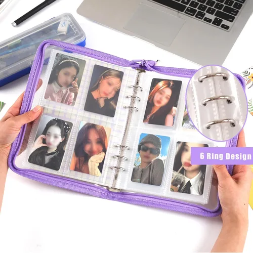 Miniatura 4 de Libro de 4 bolsillos para tarjetas fotográficas K-pop con 30 páginas interiores, 6 anillas, carpeta de tarjetas fotográficas A5, libro para Morado
