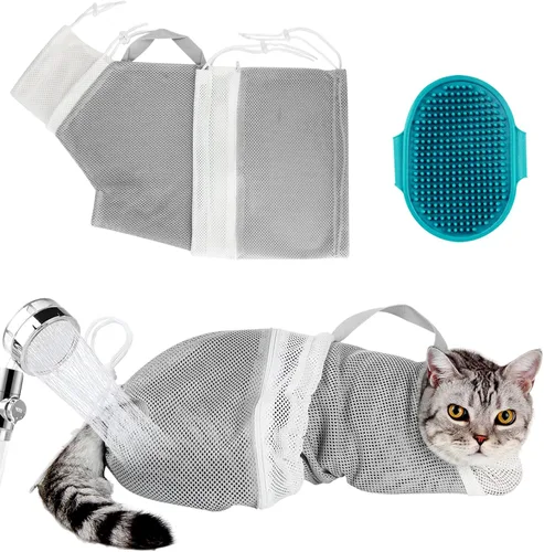 Miniatura 13 de Juego de baño para gatos, 8 piezas, red de ducha para gatos, bozal de malla, cepillo ajustable, cortaúñas, removedor de garrapatas, restricción