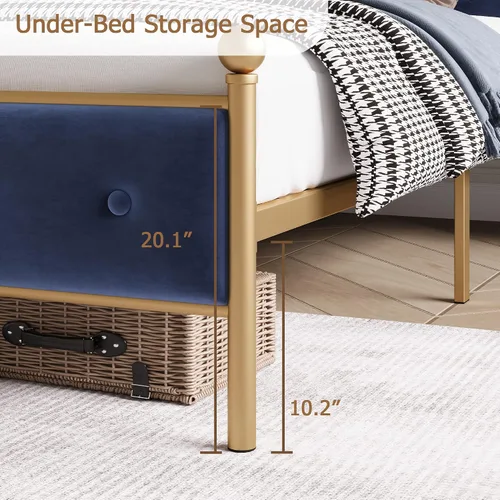 Miniatura 2 de Base de cama tapizada de tamaño matrimonial con botones y tela de terciopelo, base de colchón resistente con marco de metal y listones de madera