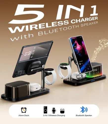 Miniatura 2 de Meifigno Estación de carga 5 en 1 de 25 W para Galaxy S26 Ultra con altavoz Bluetooth, reloj despertador, luz nocturna, cargador inalámbrico