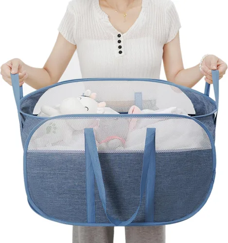 MOOMASS Cesta de lavandería plegable, de malla, con correas extendidas para los hombros, asas resistentes y tela catiónica de primera calidad (azul)