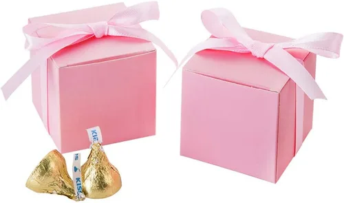 AWELL Caja de dulces de regalo rosa a granel de 2 x 2 x 2 pulgadas con cinta rosa caja de favor de fiesta, paquete de 50 Caja rosa con cinta rosa