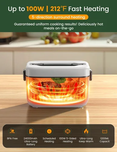 Miniatura 3 de Fiambrera eléctrica inalámbrica, 1.2 L, alimentada por batería, 100 W, 24000 mAh, recargable, portátil, calentador de alimentos autocalentable
