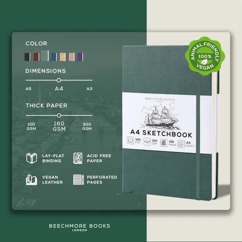 Miniatura 2 de Beechmore Books Cuaderno de bocetos A4 – 8.5 x 11 pulgadas, encuadernado en cuero vegano de alta calidad, tapa dura con 156 páginas gruesas de 160
