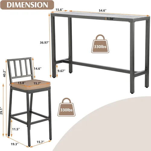 Miniatura 2 de Sillas y mesa de bar al aire libre, juego de bar de metal para patio con taburetes y cojines para patio trasero, porche, bistró, balcón
