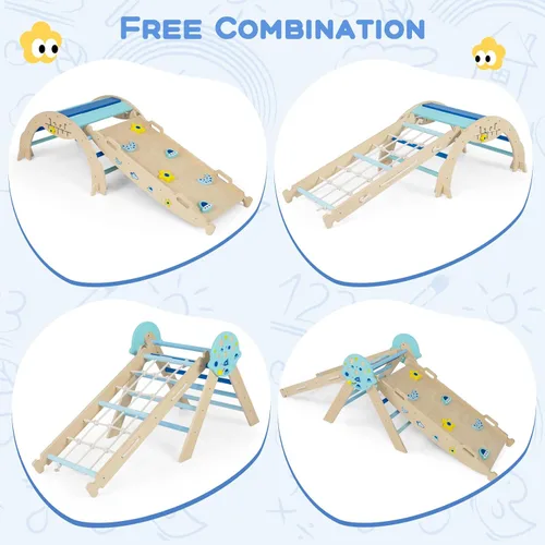 Miniatura 7 de HONEY JOY Pikler - Juego de triángulos plegables 9 en 1 con arco, rampa, cuerda de escalada y escalera, parque infantil interior para bebés, Azul