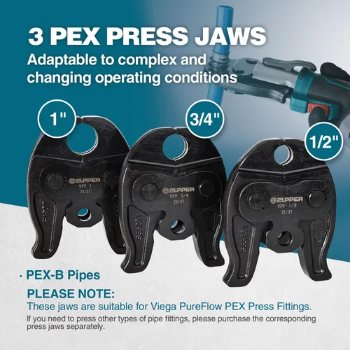 Miniatura 3 de ZUPPER Mini Kit de herramientas de prensa con 3 mandíbulas adecuado para accesorios de prensa PureFlow de 1/2", 3/4", 1", motor sin escobillas, 2