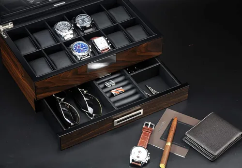 Miniatura 7 de Lifomenz Co Caja de reloj de madera para hombre organizador de joyas con cajón de valet 12 ranuras para reloj organizador de accesorios para hombre