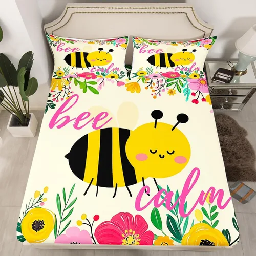 Miniatura 11 de Sábana bajera ajustable de abeja amarilla tamaño individual, sábanas de abeja de dibujos animados kawaii para niños y niñas, juego de ropa de cama