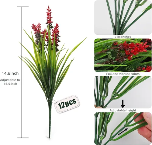 Miniatura 2 de RECUTMS Planta de césped falso, plantas falsas al aire libre, césped artificial, arbustos artificiales resistentes a los rayos UV, arbustos Rojo