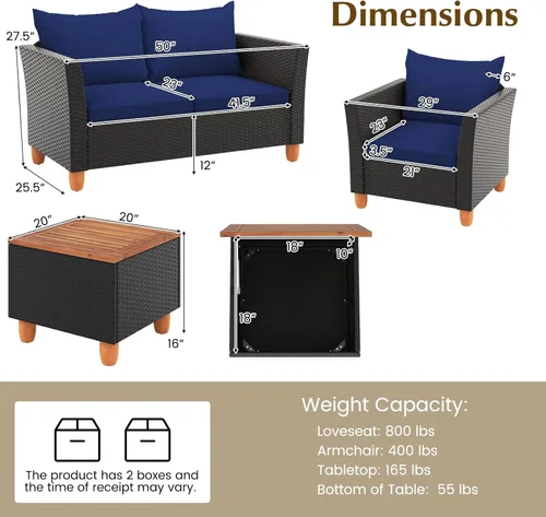 Miniatura 9 de HAPPYGRILL Juego de 4 piezas de mimbre para patio, silla de ratán de polietileno y otomana con cojines extraíbles, mesa de centro de almacenamiento