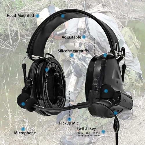 Miniatura 5 de Auriculares tácticos Hearangel, reducción de ruido con captación de sonido y PTT Ken de 2 pines para actividades de airsoft Negro