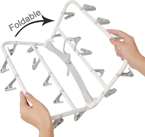 Miniatura 5 de Foshine Perchas de secado de ropa plegables de plástico con 20 clips de secado (gris claro, rectangular)