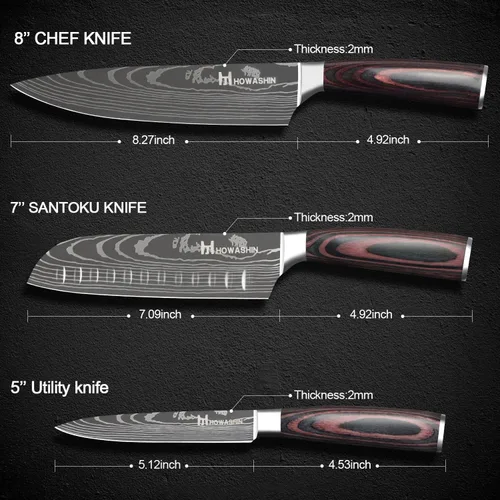 Miniatura 6 de Juego de cuchillos de cocina de acero inoxidable alemán, 3 piezas, cuchillo de chef de alto carbono, mango ergonómico de madera
