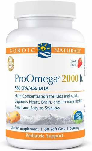 Nordic Naturals ProOmega 2000 Jr., sabor fresa – 60 geles suaves – 1120 mg Omega-3 – Aceite de pescado ultra potente – EPA y DHA – Promueve la salud