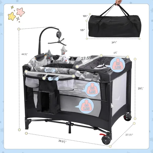 Miniatura 2 de Xilingol Parque de juegos 5 en 1 con cambiador, moisés para bebé junto a la cama con bolsa de almacenamiento y caja de música, cuna portátil