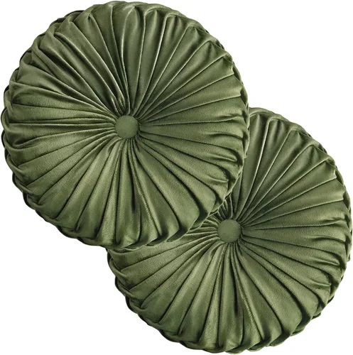 Miniatura 24 de Teieas Almohada redonda de terciopelo para decoración del hogar, cojín redondo plisado para sofá, silla, cama, automóvil, verde esmeralda